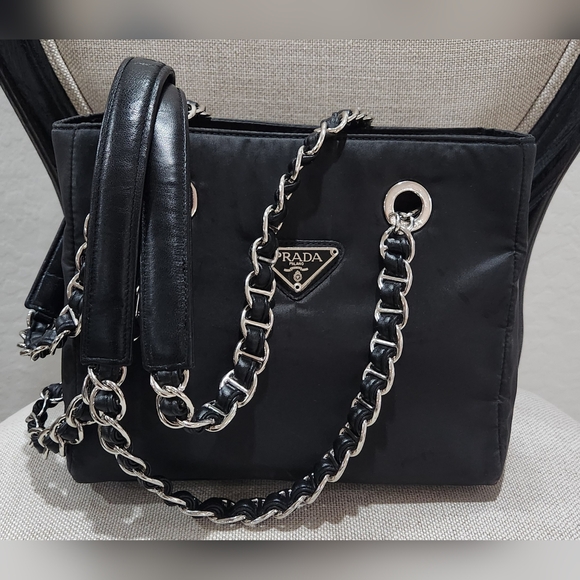 PRADA Black Nylon Tessuto Tote with Leather Thread Chain - Picture 1 of 16